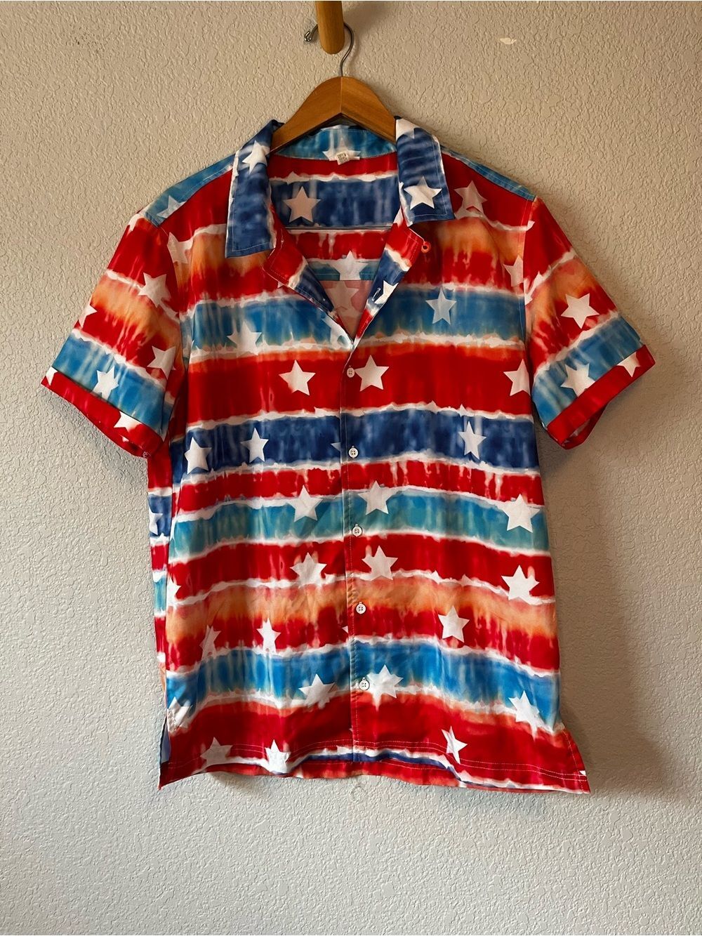 Patriotic Tie Dye Stars Stripe Button Down Shirt M estimated